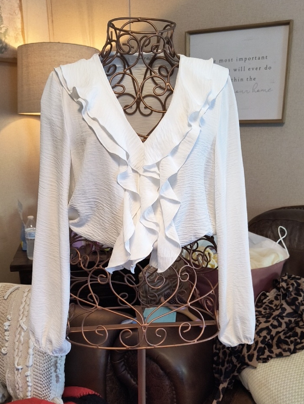 Women’s White Ruffle V-Neck Blouse